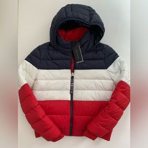 Tommy Hilfiger Women's MD Tri Color Red White Blue Hooded Cropped Puffer Jacket